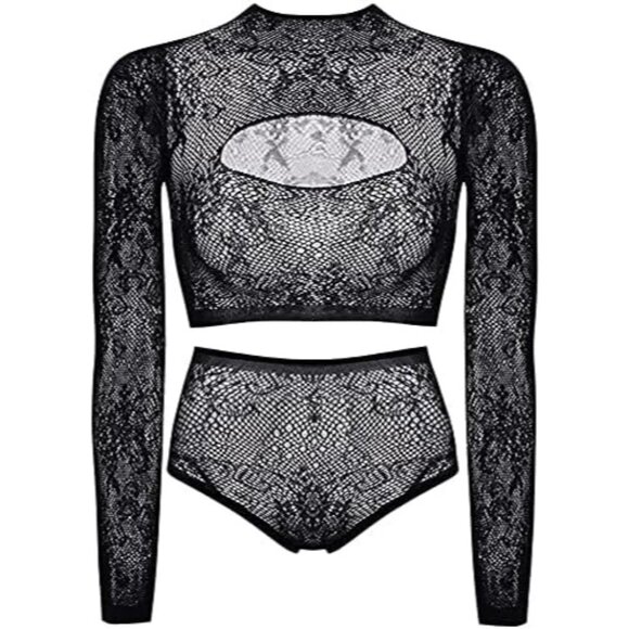 Women's Black Lingerie Imported Front Open Bodysuit Sexy Nightwear Pajamas Set - Picture 4 of 5